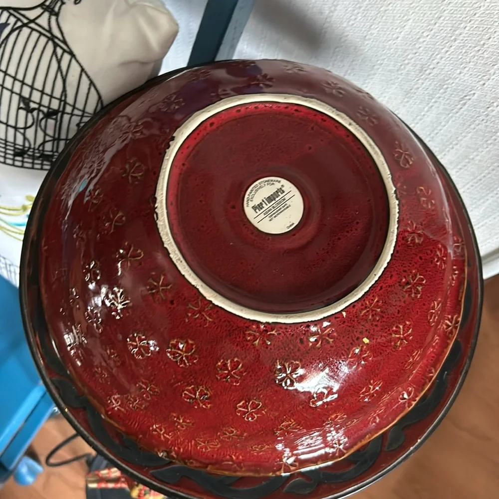 Burgundy Red ASIAN BLOSSOM Round STONEWARE SERVING BOWL